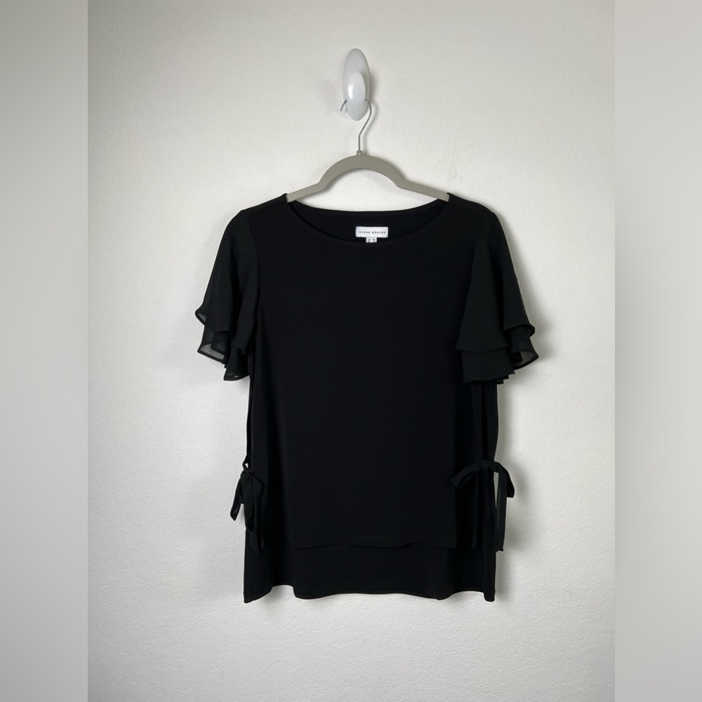 Susan Graver Black Short Ruffle Sleeve Side Bow Top